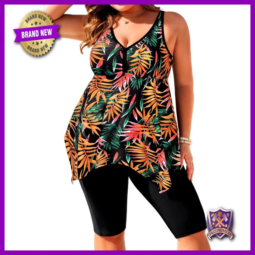 Plus Size Tankini Set with Pockets, Rash Guard Top, Capri Shorts